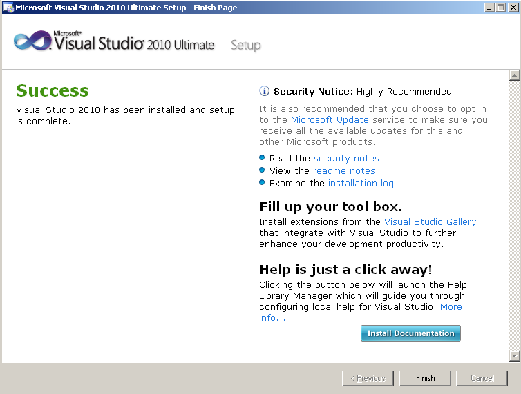 Success installation visual studio